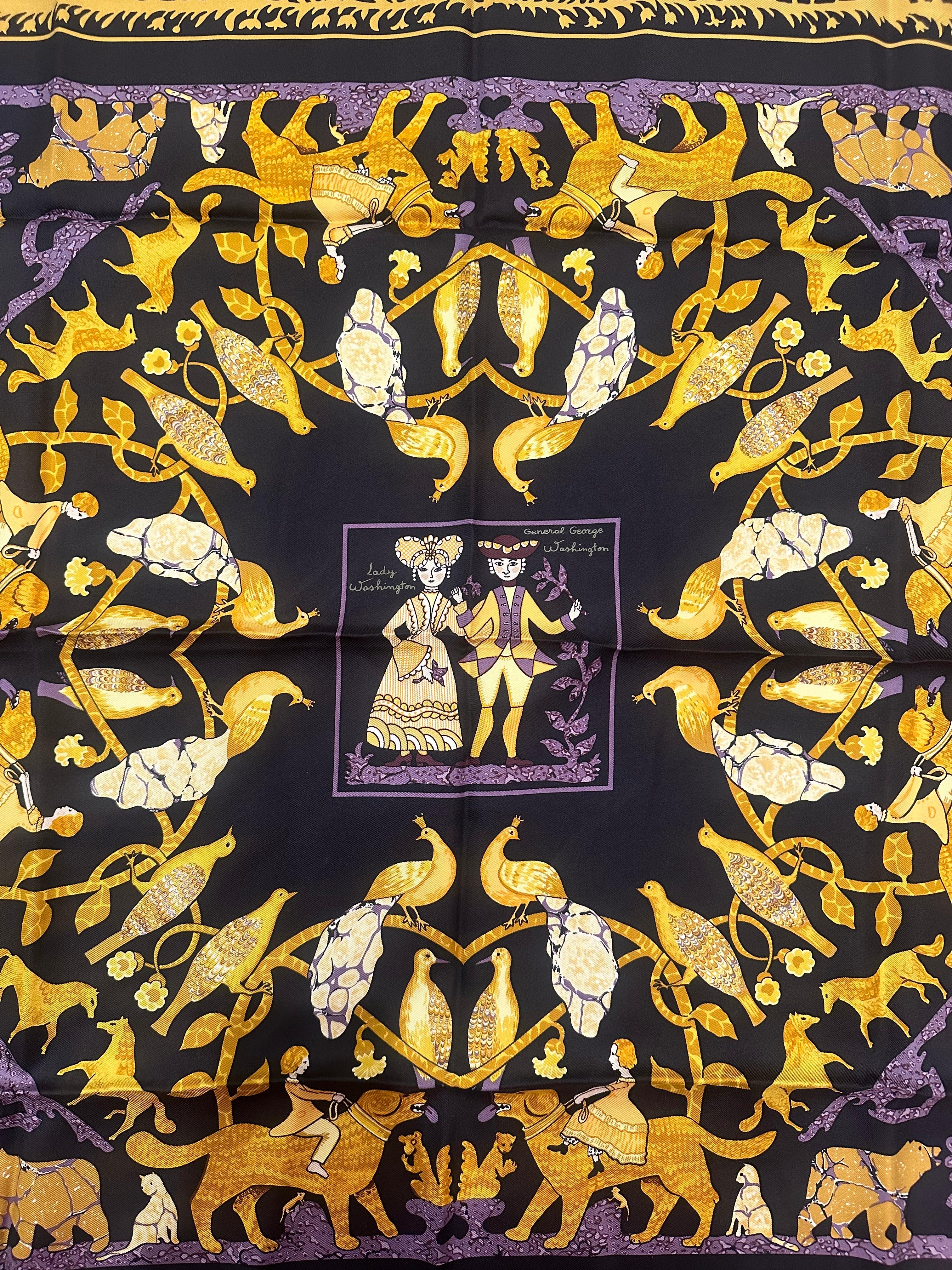 Hermès Black & Purple Early America Silk Square Scarf by Françoise De La Perrier, circa 2000. Handcrafted in France to the highest luxury standards, Hermès scarves are true wearable pieces of art that take 18 months to create from start to finish