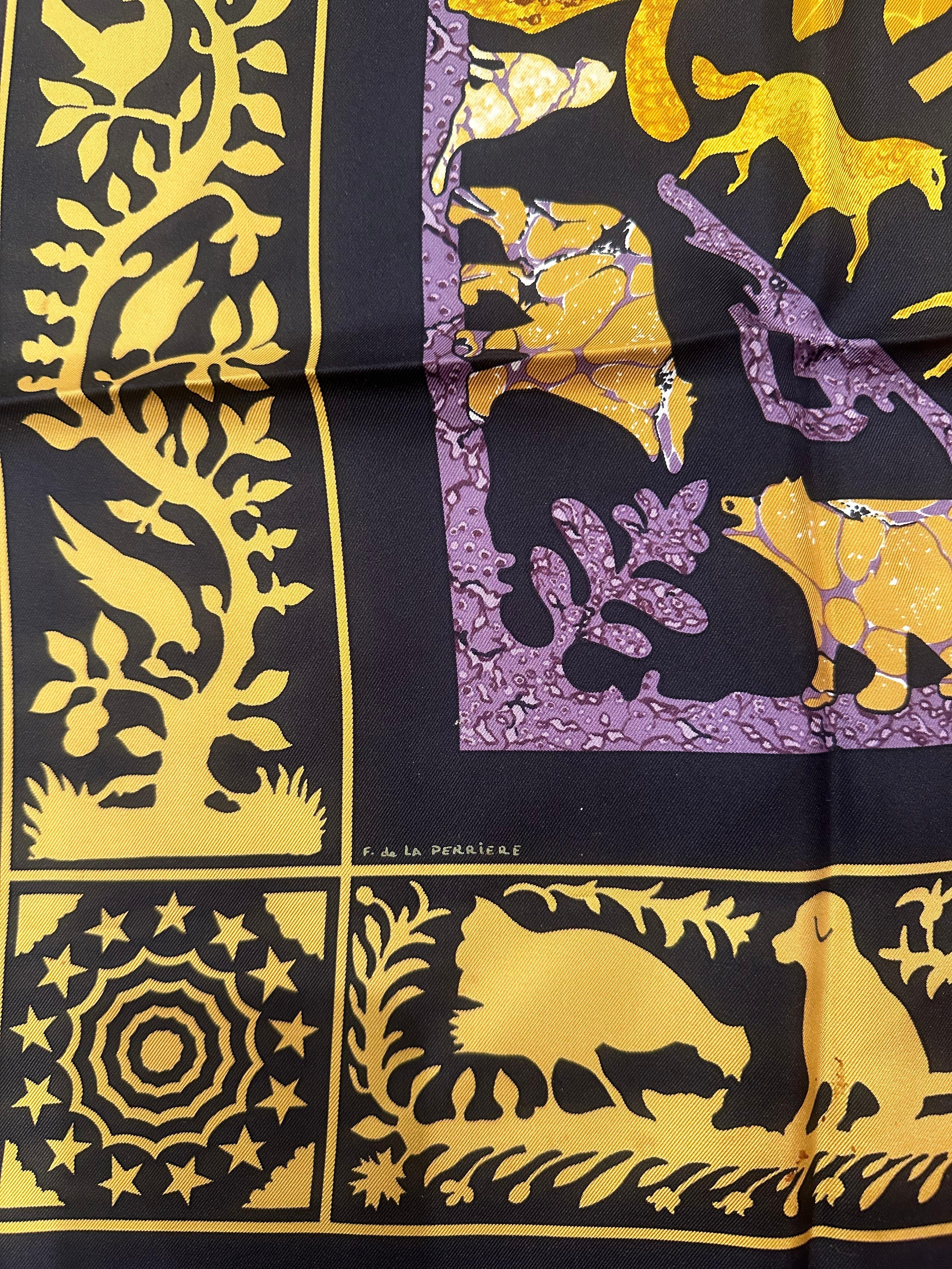Hermès Black & Purple Early America Silk Square Scarf by Françoise De La Perrier In Good Condition For Sale In Banner Elk, NC