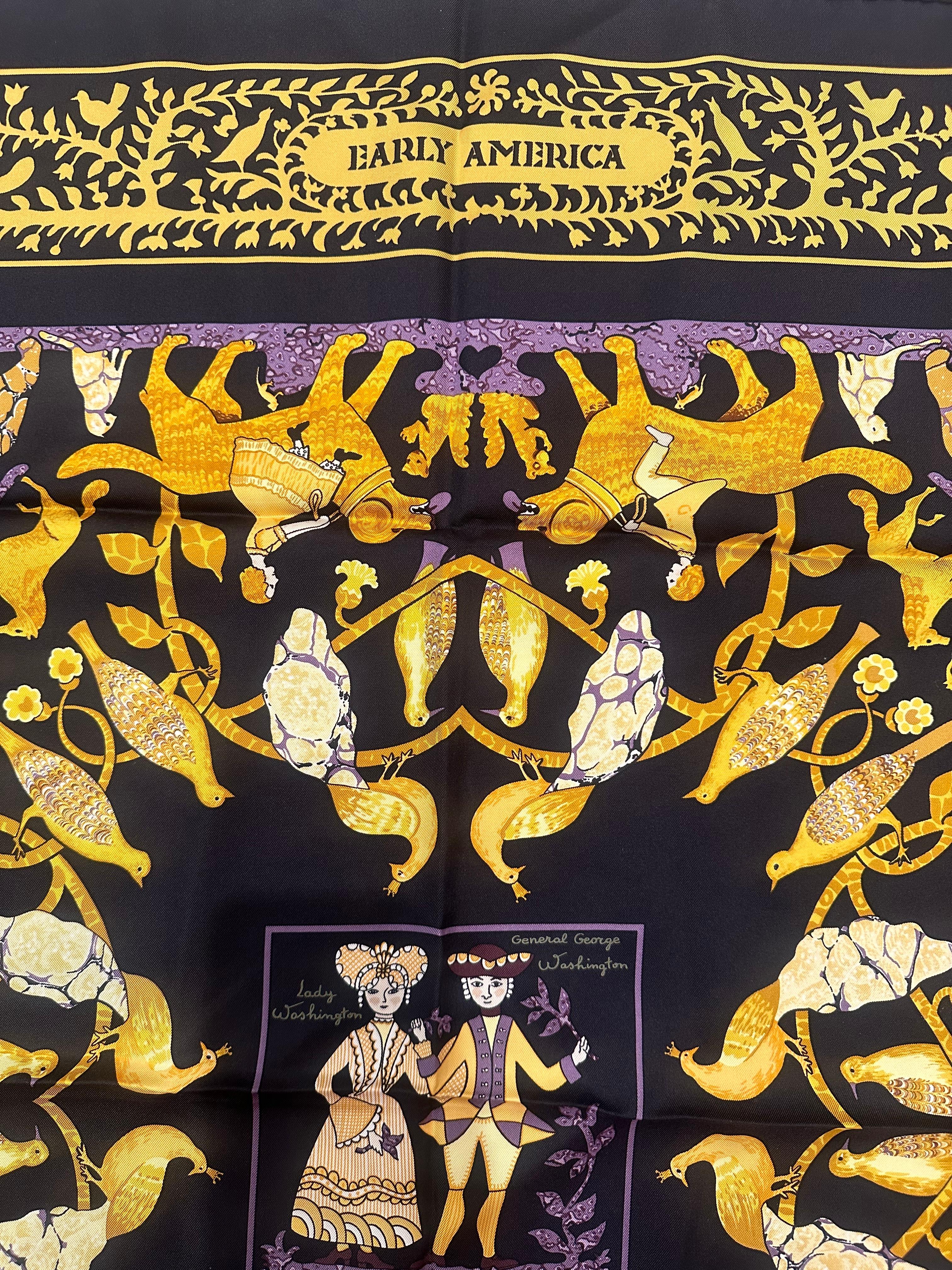 Women's or Men's Hermès Black & Purple Early America Silk Square Scarf by Françoise De La Perrier For Sale