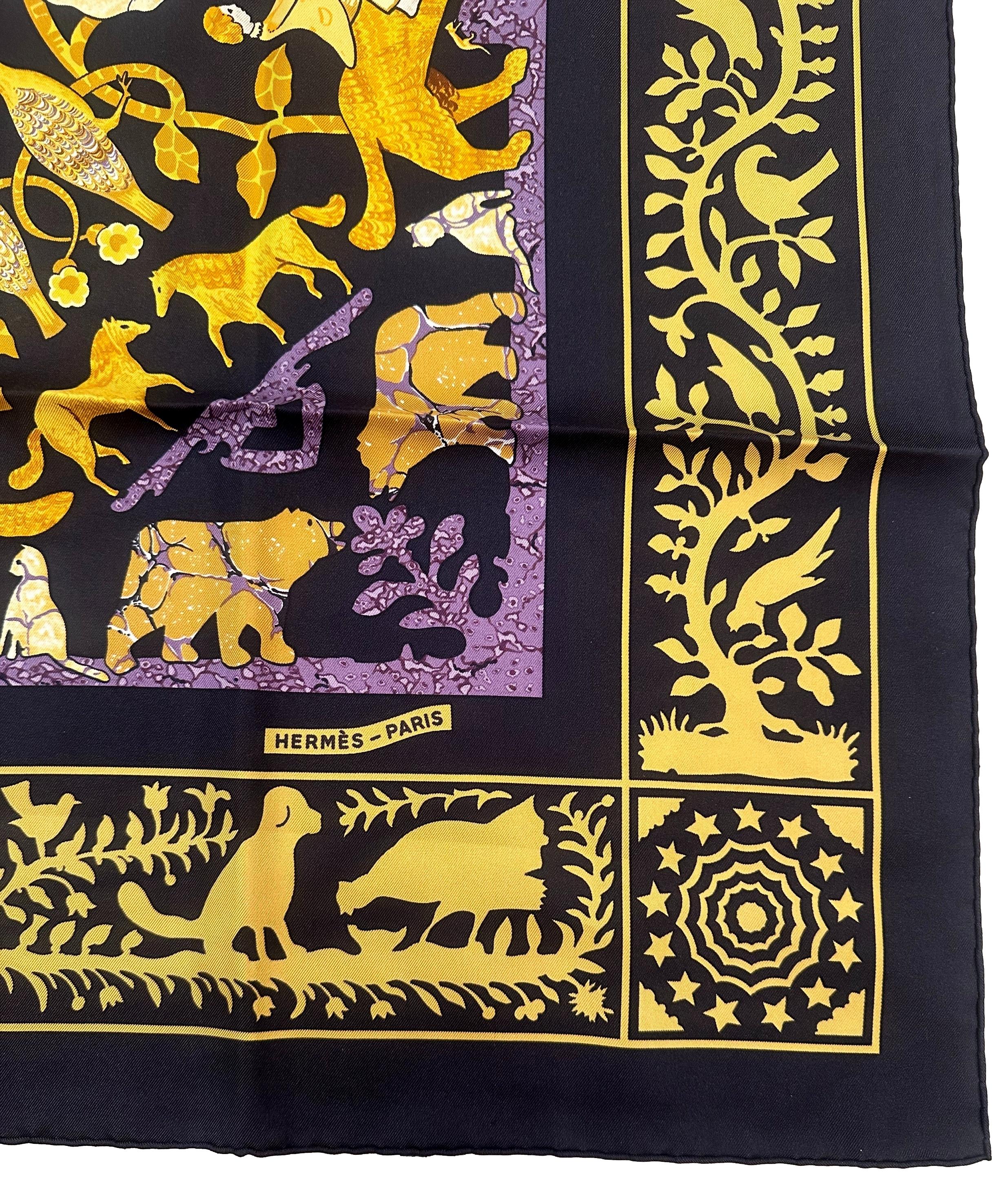 Hermès Black & Purple Early America Silk Square Scarf by Françoise De La Perrier For Sale 1