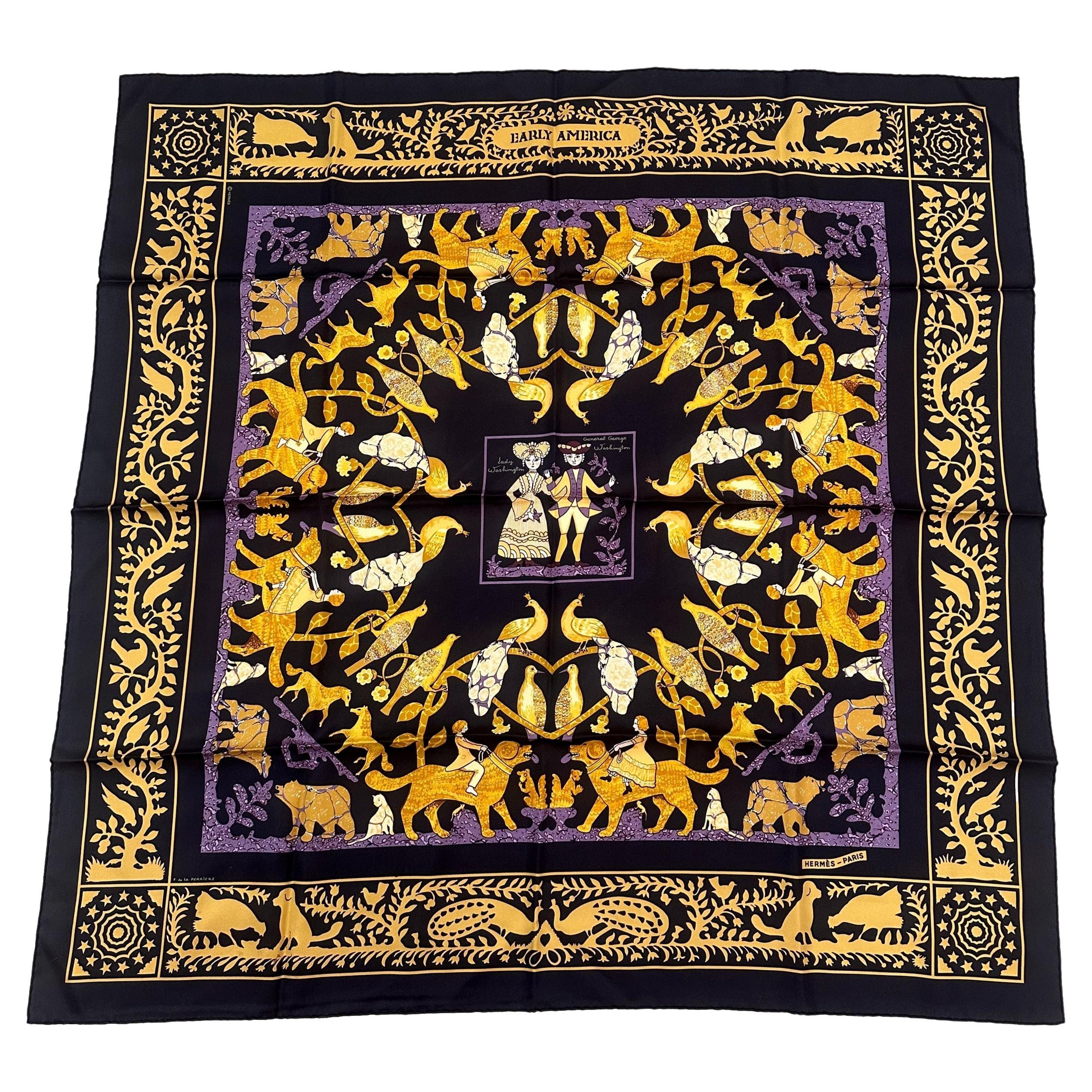 Hermès Black & Purple Early America Silk Square Scarf by Françoise De La Perrier For Sale