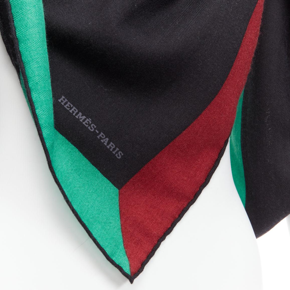 HERMES black red green cashmere silk herringbone abstract colorblock scarf 2