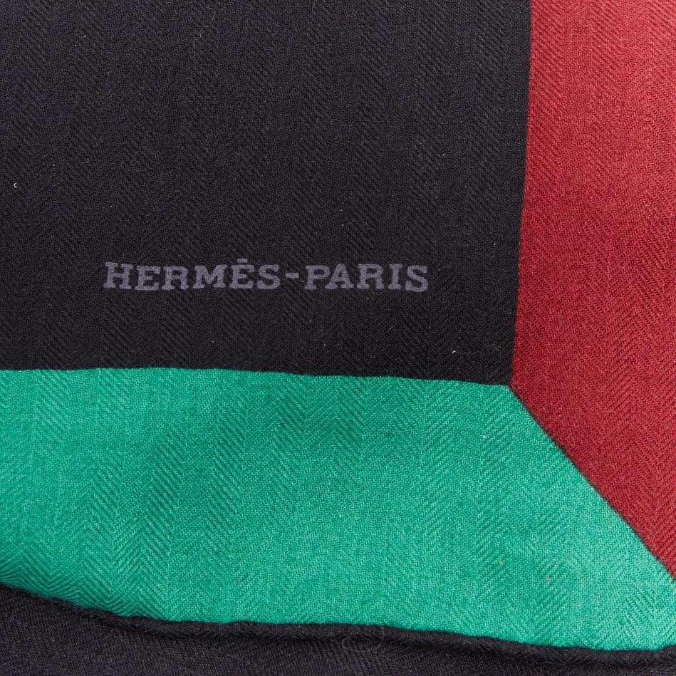 HERMES black red green cashmere silk herringbone abstract colorblock scarf 4