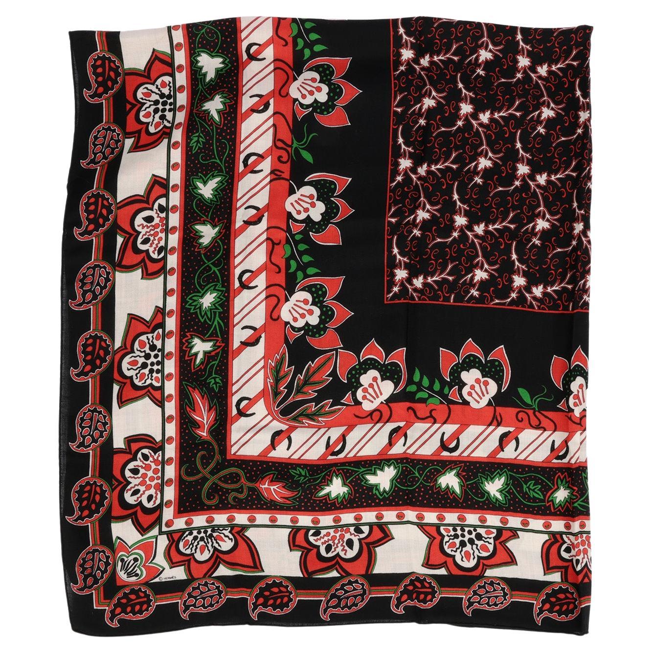 Hermès Black, Red, White & Green Large Treille et Muscade Silk Cashmere Shawl For Sale