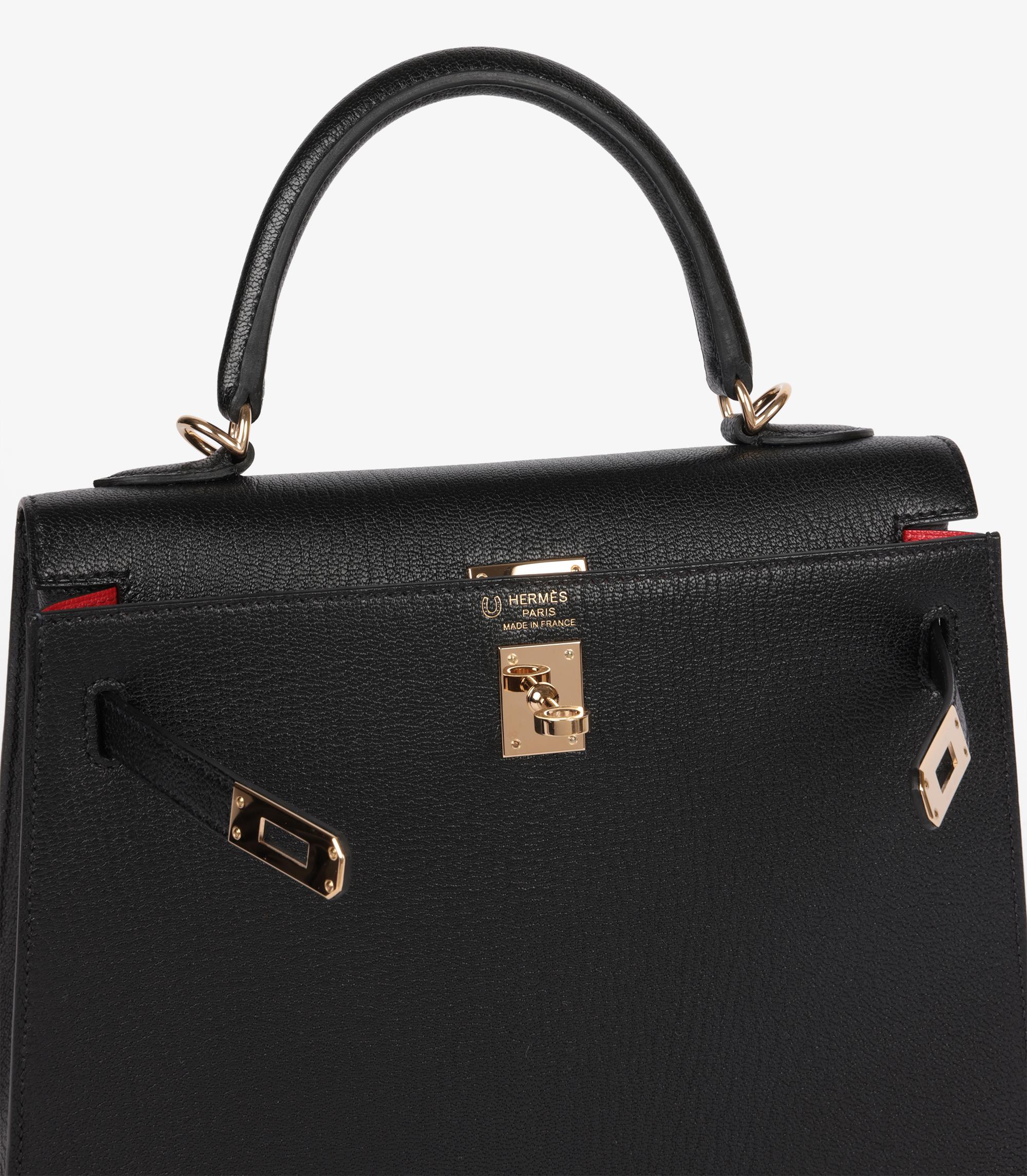 Hermès Black & Rouge De Coeur Chevre Mysore Leather HSS Special Order Kelly 25cm For Sale 3