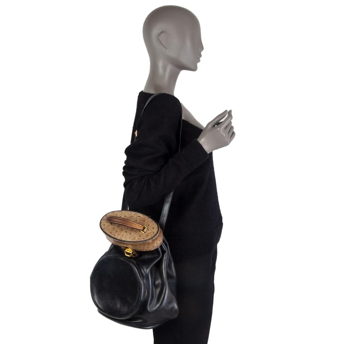 HERMES black Savory leather & Lizard & Grise Ostrich SUMAC Shoulder Bag For Sale 5