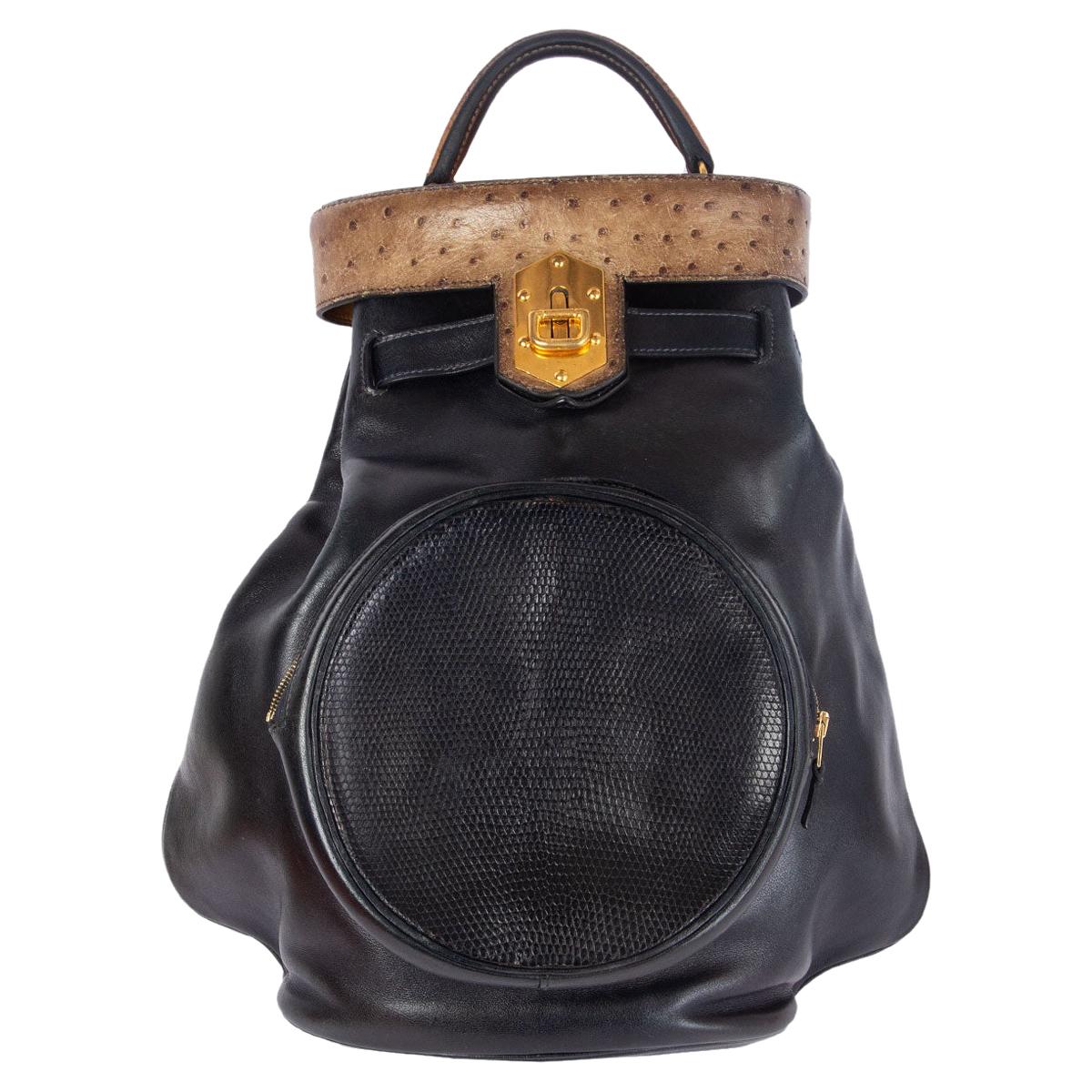 HERMES black Savory leather & Lizard & Grise Ostrich SUMAC Shoulder Bag For Sale