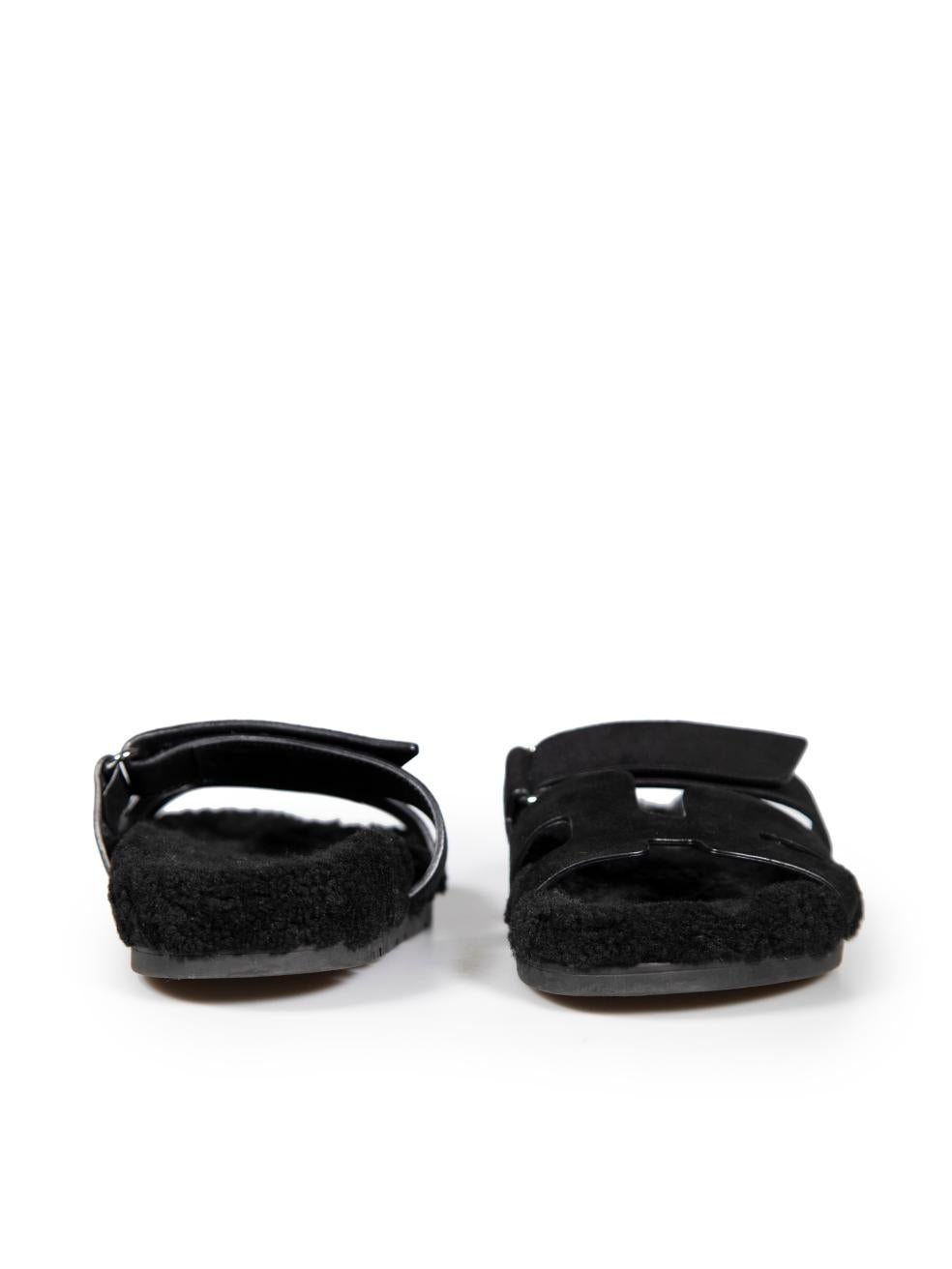 Hermès Black Shearling Chypre Velcro Sandals Size IT 38 In Good Condition For Sale In London, GB