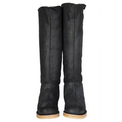 HERMÈS Bottes noires à semelles plates hauteur genou SHEARLING LINED DAKOTA 38,5