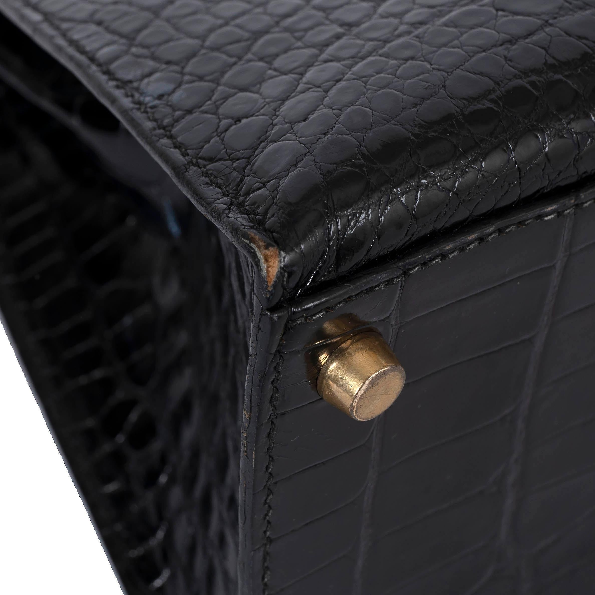 HERMES black shiny CROC KELLY 28 SELLIER Bag Ghw For Sale 5