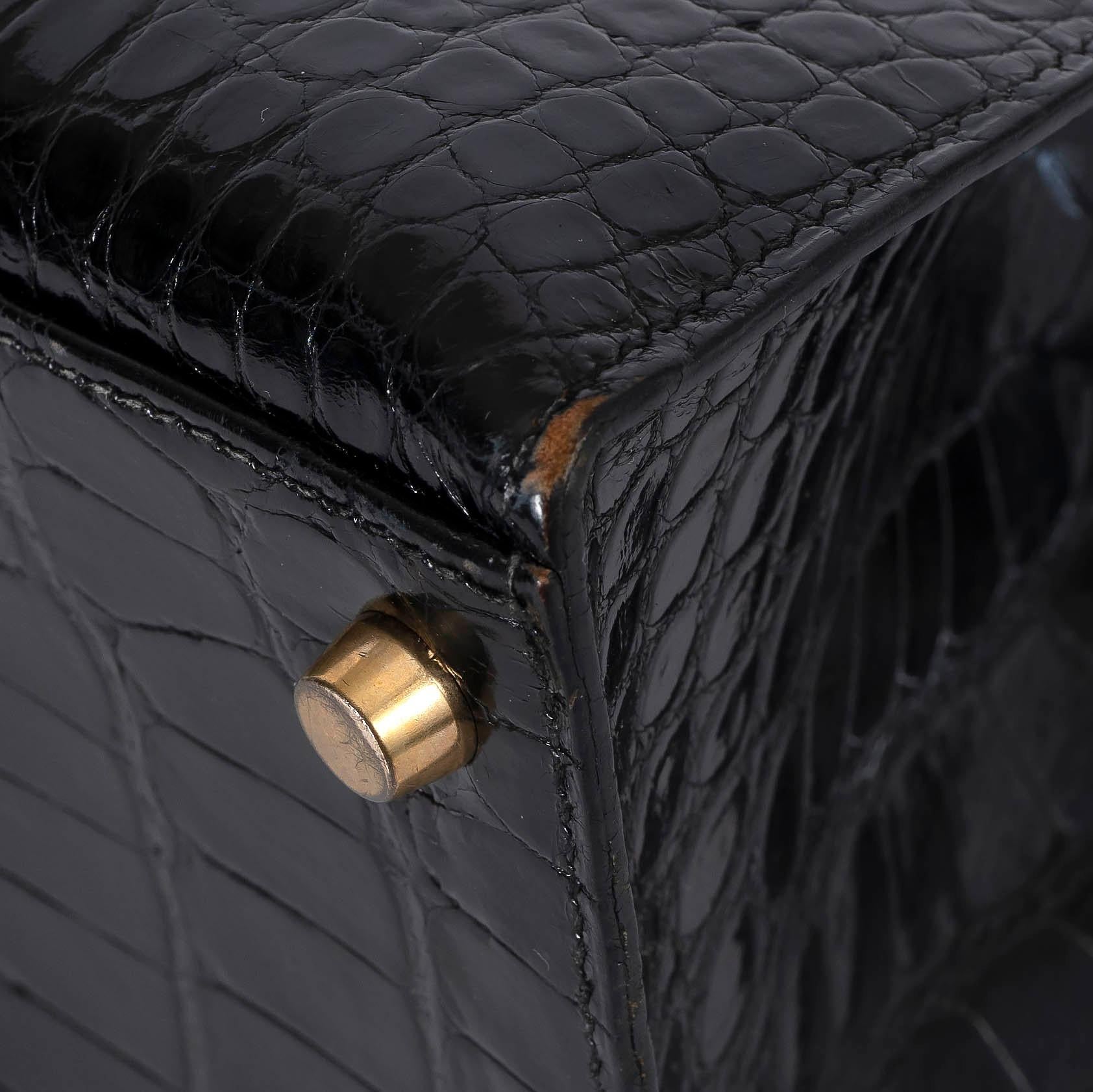 HERMES black shiny CROC KELLY 28 SELLIER Bag Ghw For Sale 6