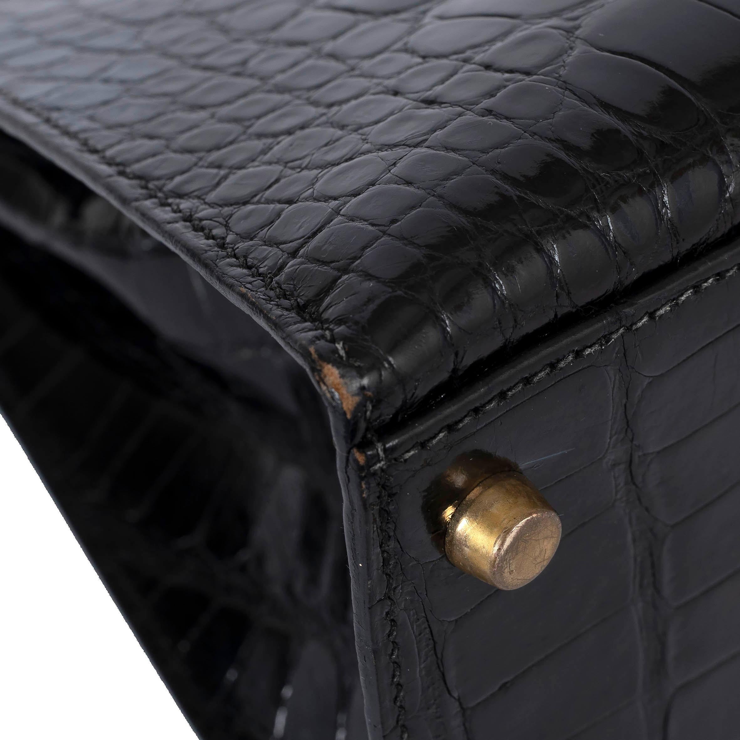 HERMES black shiny CROC KELLY 28 SELLIER Bag Ghw For Sale 7