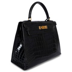 HERMES black shiny CROC KELLY 28 SELLIER Bag Ghw
