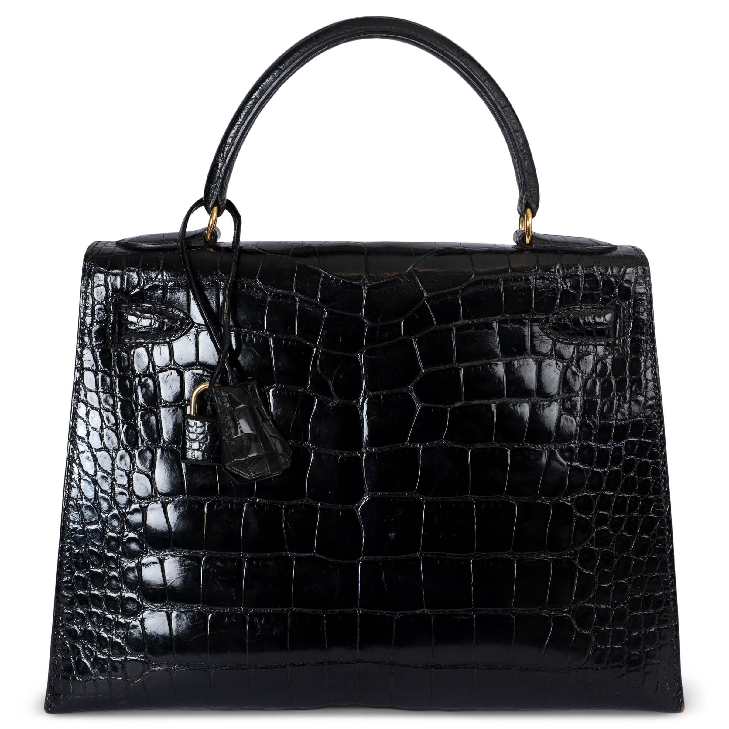 Black HERMES black shiny CROC KELLY 28 SELLIER Bag Ghw For Sale