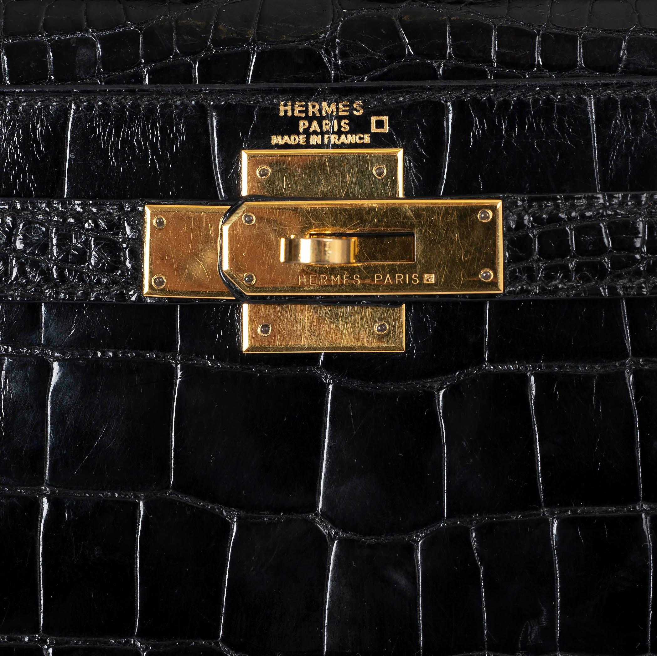 Women's HERMES black shiny CROC KELLY 28 SELLIER Bag Ghw For Sale