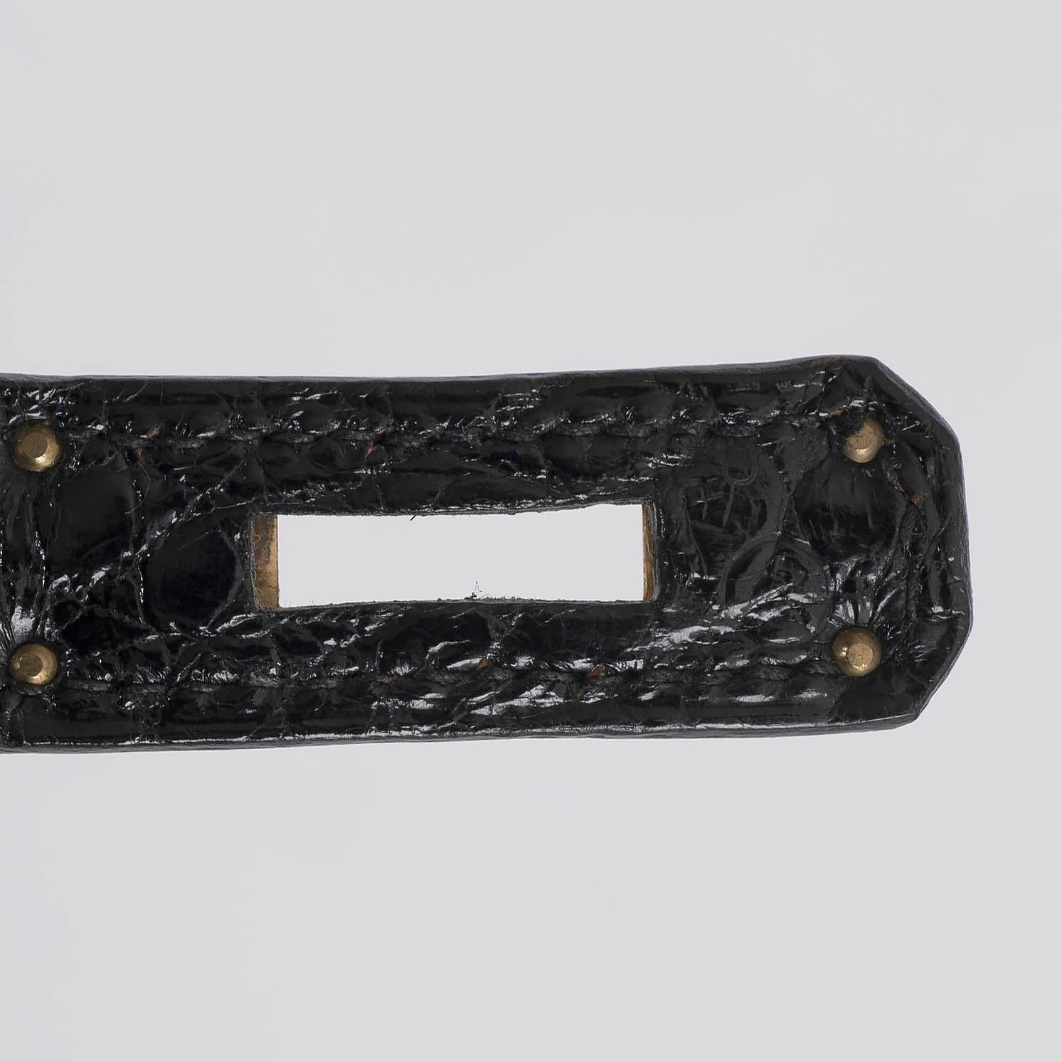 HERMES black shiny CROC KELLY 28 SELLIER Bag Ghw For Sale 2
