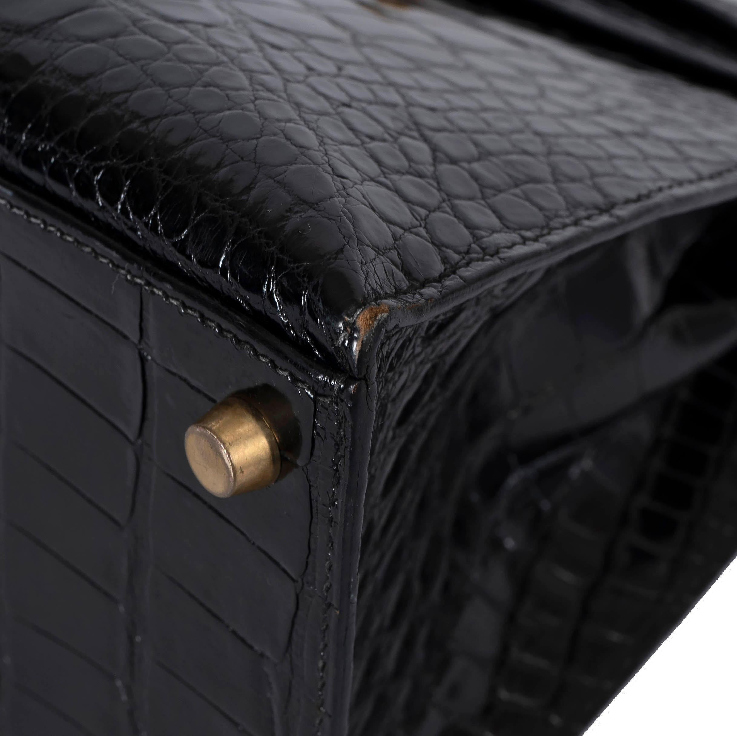 HERMES black shiny CROC KELLY 28 SELLIER Bag Ghw For Sale 4