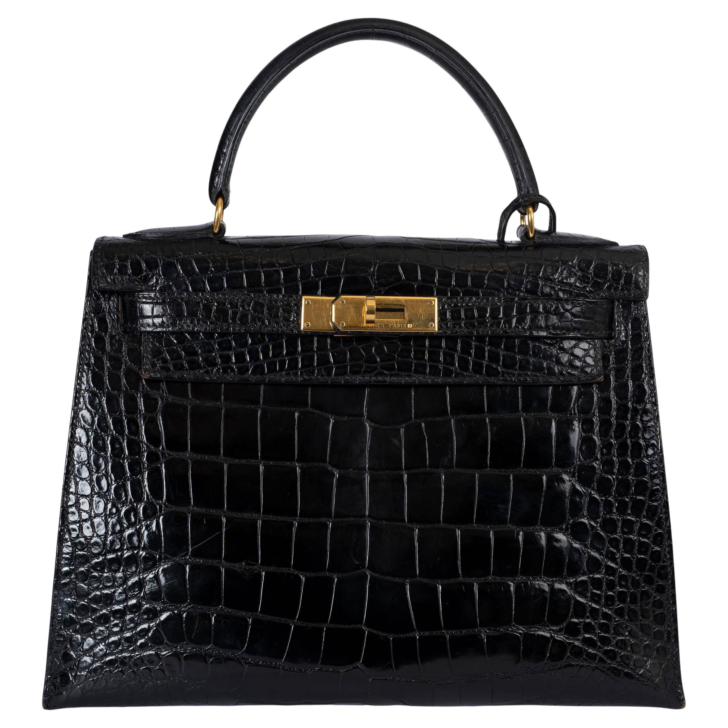 HERMES black shiny CROC KELLY 28 SELLIER Bag Ghw For Sale