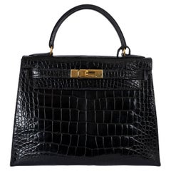 HERMES nero lucido CROC KELLY 28 SELLIER Borsa Ghw