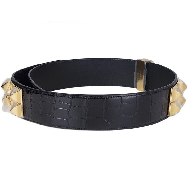 Noir HERMES noir CROCODILE brillant et COLLIER DE CHIEN or Ceinture 85