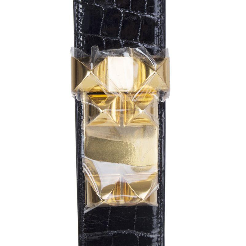  HERMES noir CROCODILE brillant et COLLIER DE CHIEN or Ceinture 85 Pour femmes 
