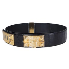 HERMES noir CROCODILE brillant et COLLIER DE CHIEN or Ceinture 85