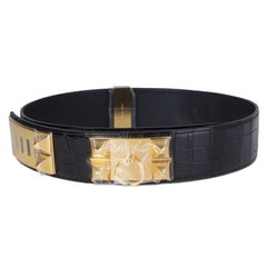 HERMES black shiny CROCODILE & Gold COLLIER DE CHIEN Belt 85