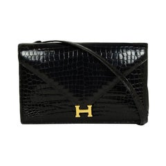 Hermes Black Shiny Crocodile Porosus Lydie H 2 way Clutch Shoulder Bag