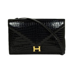 Hermes Schwarz Glänzendes Krokodil Porosus Lydie H 2 Wege Clutch Umhängetasche