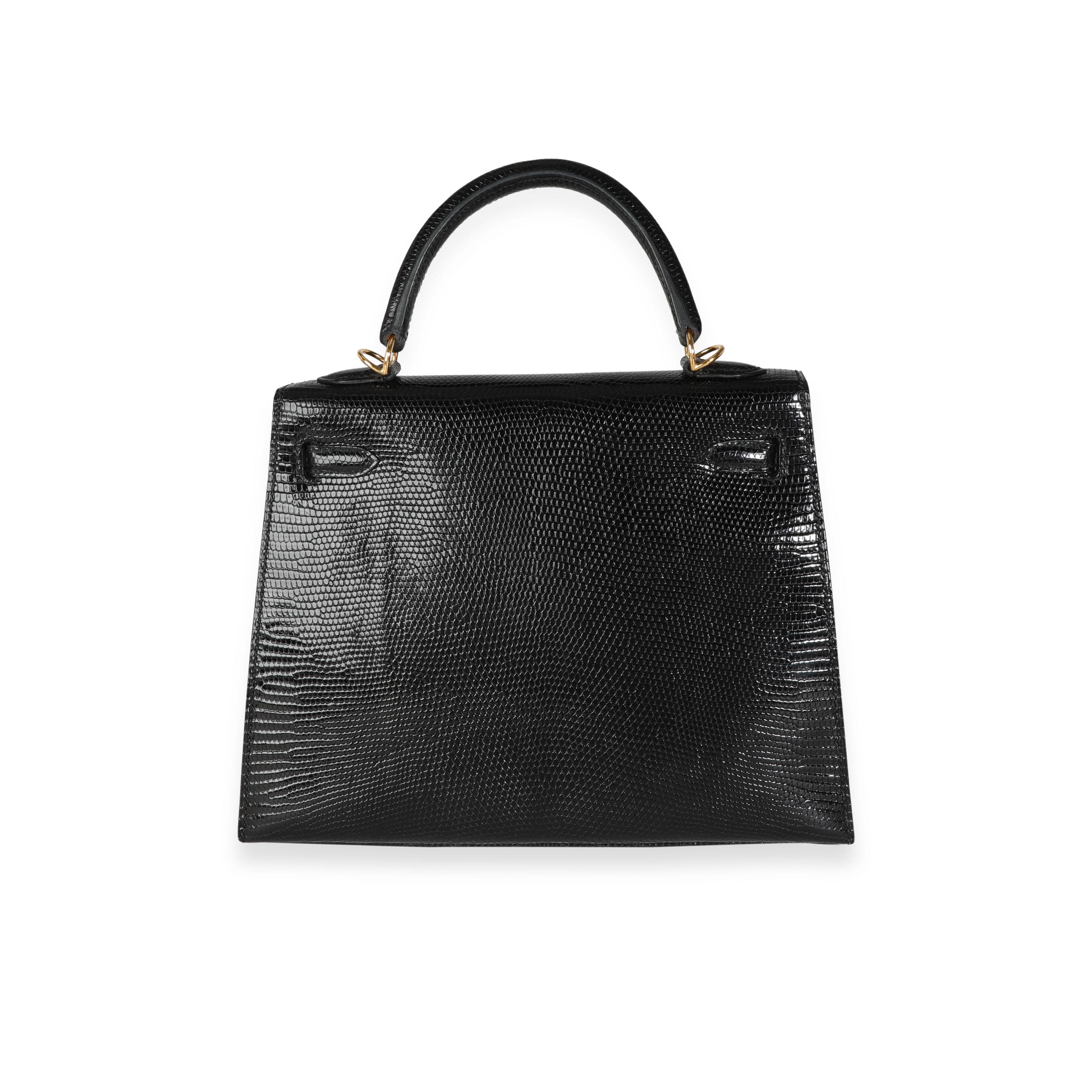 Listing Title: Hermès Black Shiny Lizard Sellier Kelly 25 GHW
SKU: 115414
Condition: Pre-owned (3000)
Handbag Condition: Very Good
Condition Comments: Very Good Condition. Light scratching to hardware. Faint marks to skin. Please note: this item can
