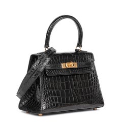 Hermès Black Shiny Mississippiensis Alligator Leather Vintage Kelly 20cm Sellier