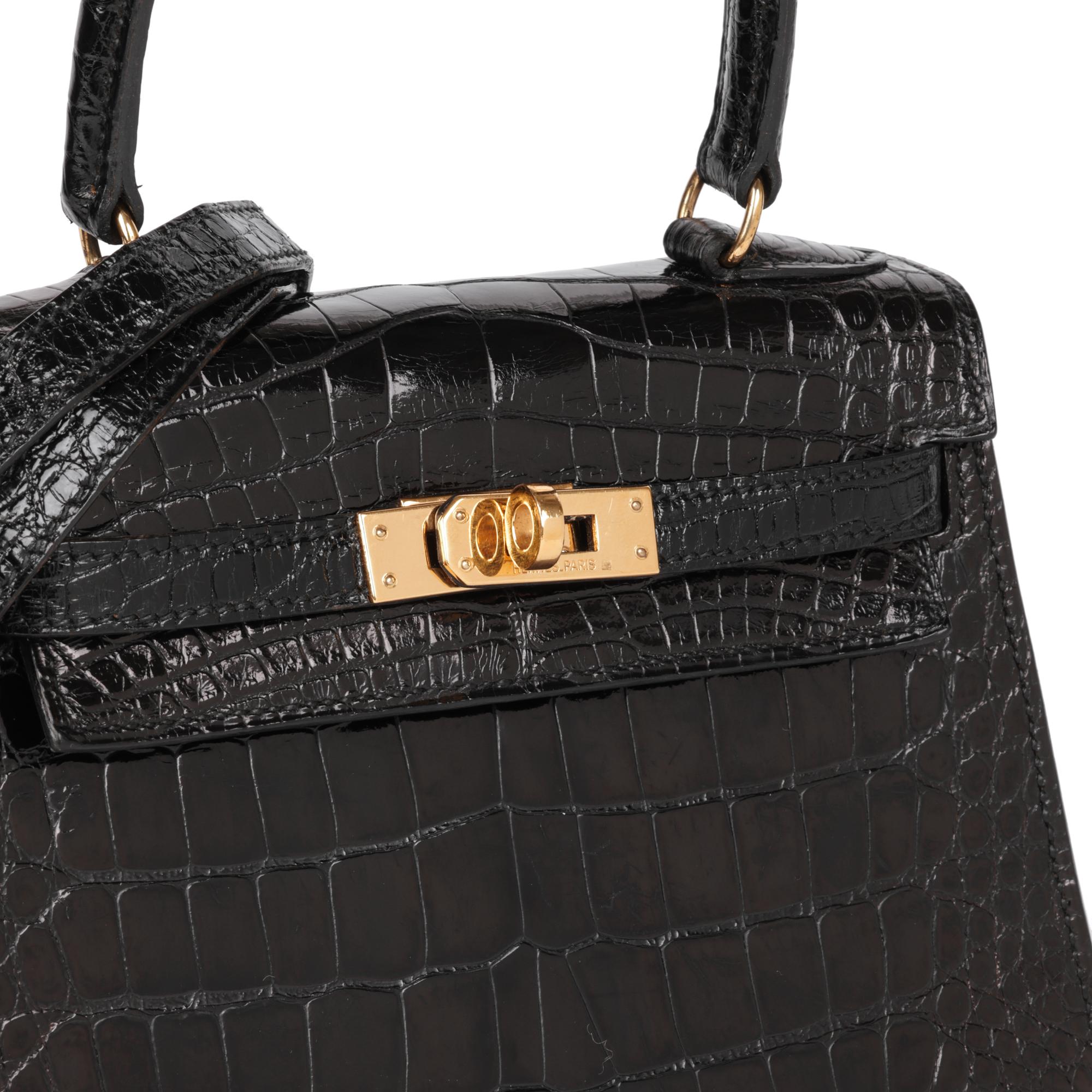 Women's Hermès Black Shiny Mississippiensis Alligator Leather Vintage Kelly 20cm Sellier