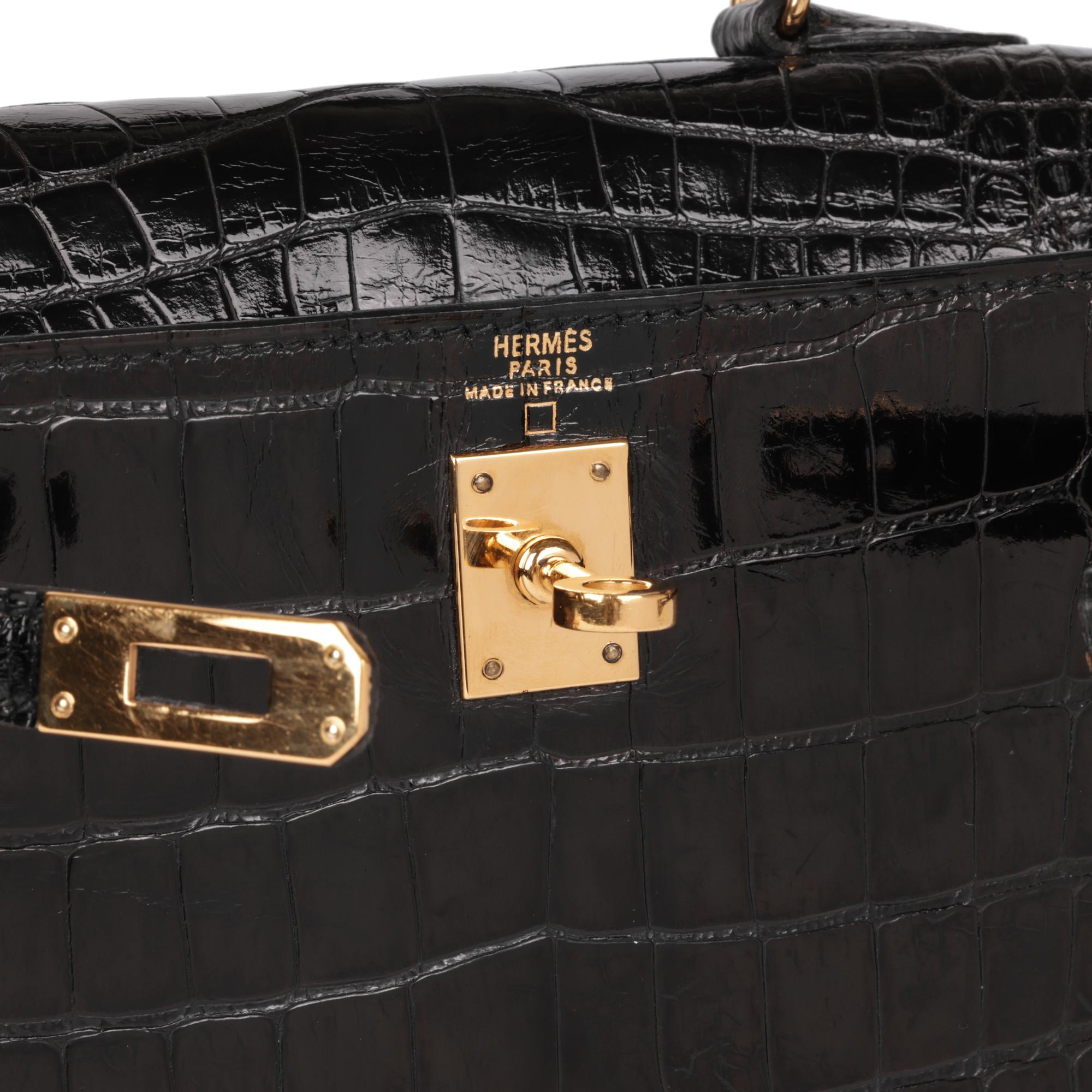 Hermès Black Shiny Mississippiensis Alligator Leather Vintage Kelly 20cm Sellier 1