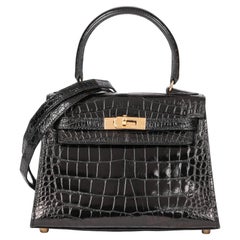 Hermès Black Shiny Mississippiensis Alligator Leather Vintage Kelly 20cm Sellier