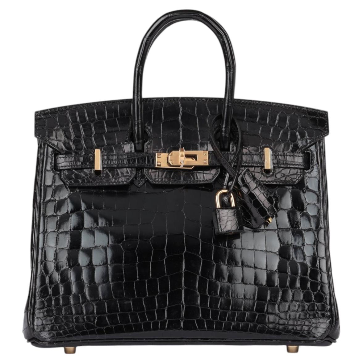 Hermès Black Shiny Niloticus Crocodile Leather Birkin 25cm Retourne