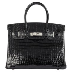 Hermès Black Shiny Niloticus Crocodile Leather Birkin 30cm Retourne