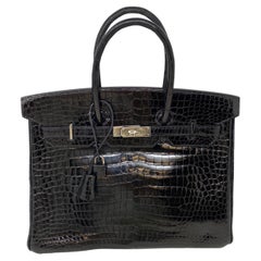 Hermes Borsa Birkin 35 in coccodrillo poroso nero lucido