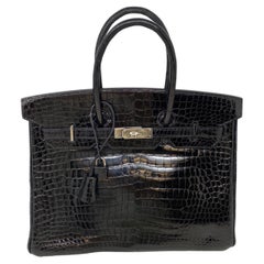 Hermes Black Shiny Porosus Crocodile Birkin 35 Bag 