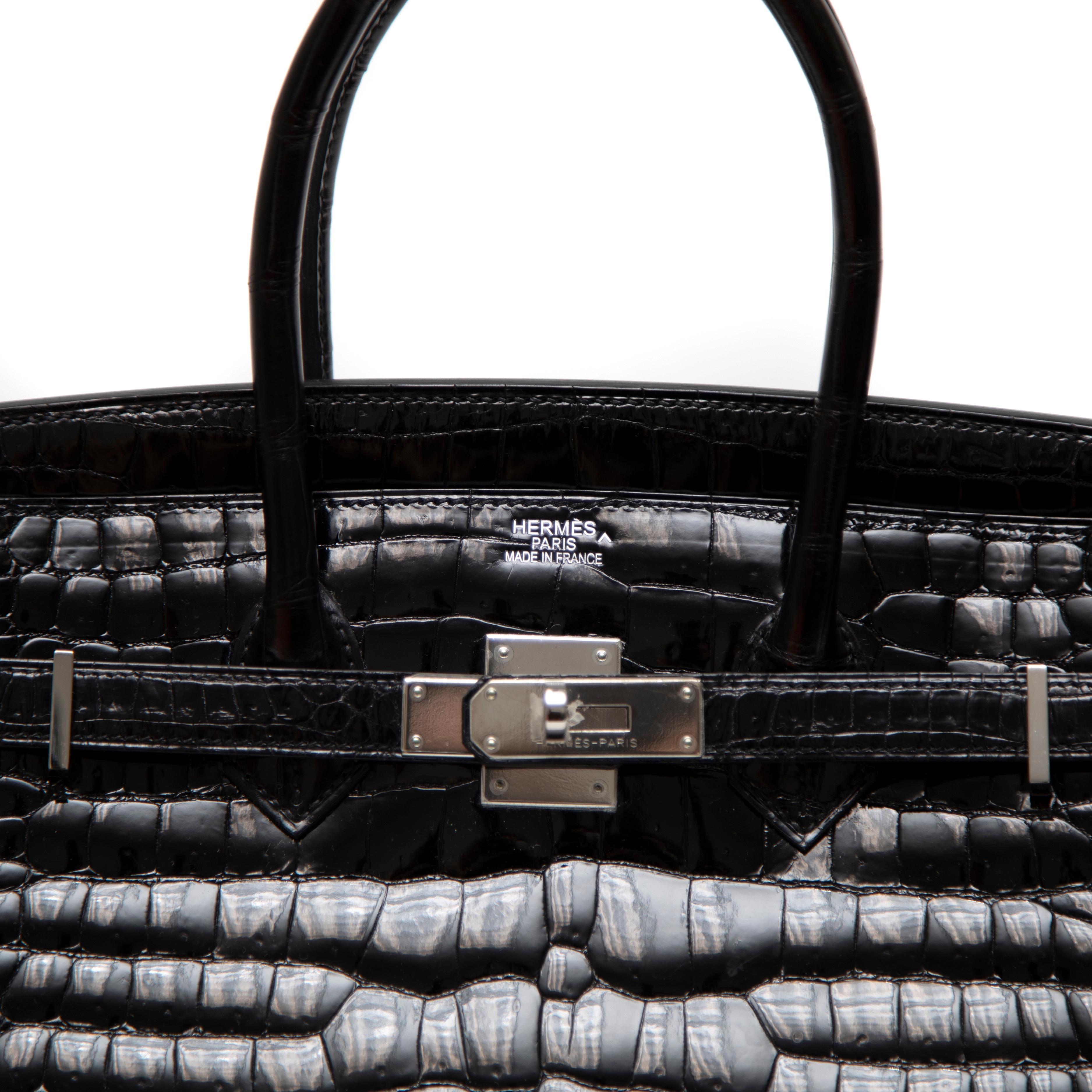 Hermès Black Shiny Porosus Crocodile Birkin 35CM with Palladium Hardware For Sale 6