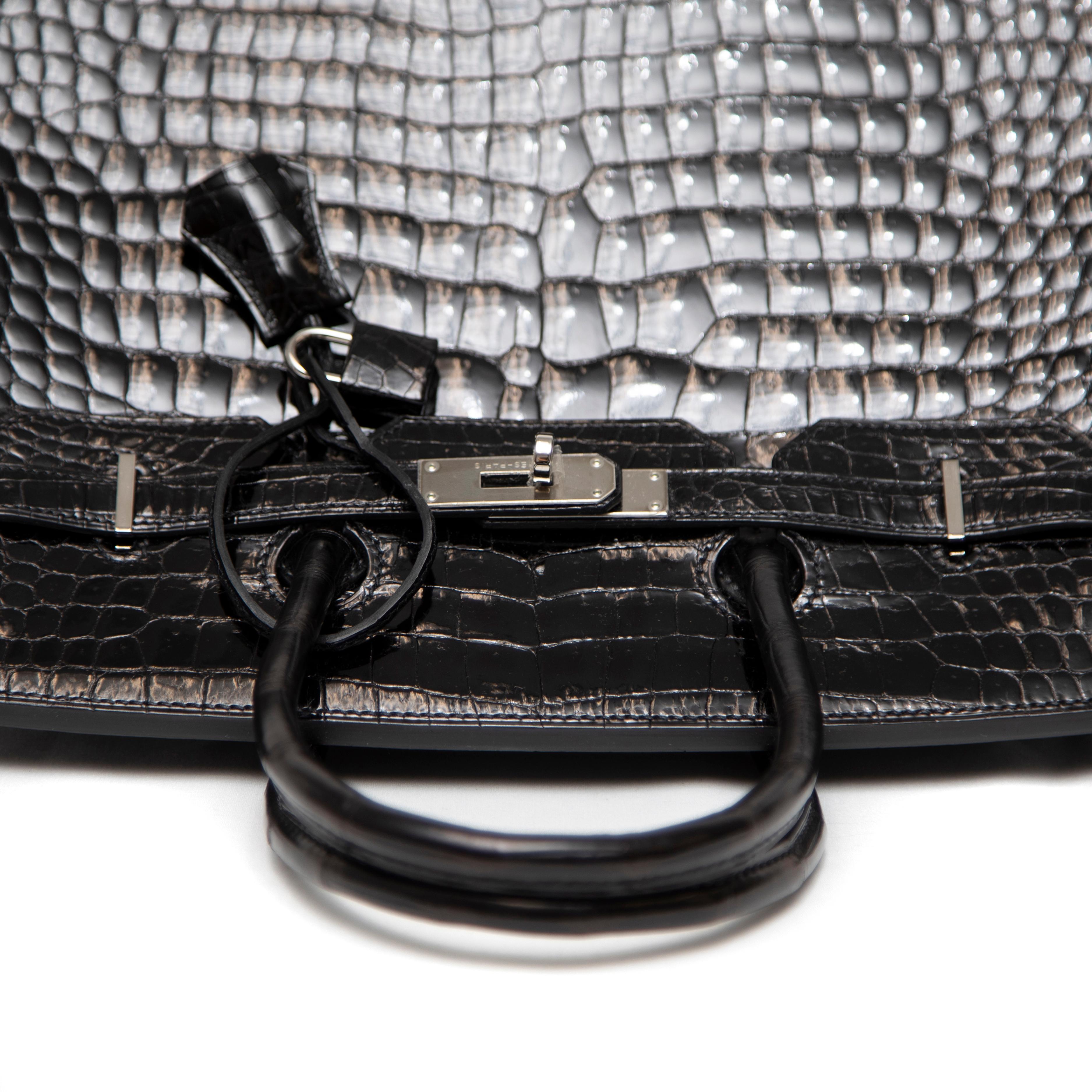 Hermès Black Shiny Porosus Crocodile Birkin 35CM with Palladium Hardware For Sale 5