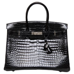 Hermès Black Shiny Porosus Crocodile Birkin 35CM with Palladium Hardware