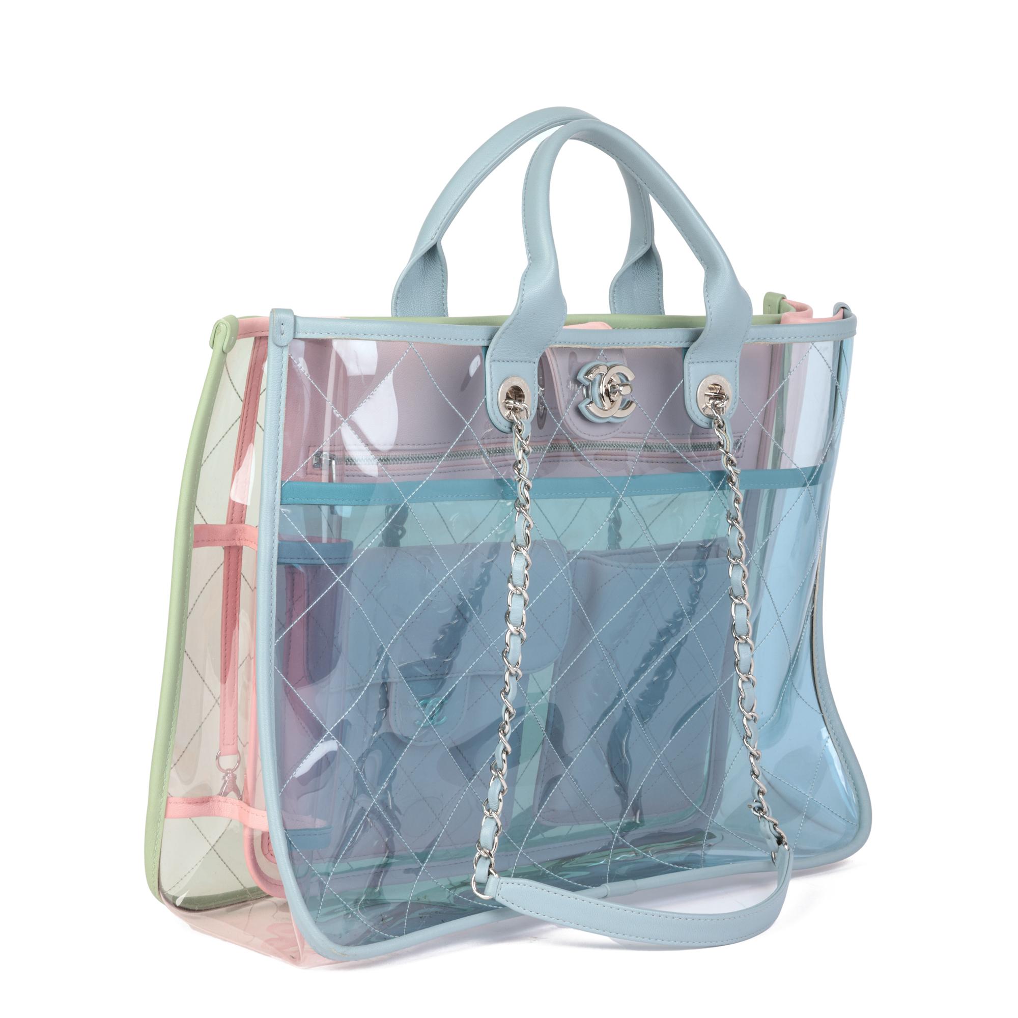 CHANEL
Green, Blue, Pink Lambskin & PVC Coco Splash Large Shopping Tote

Serial Number: 25830709
Age (Circa): 2018
Accompanied By: Chanel Dust Bag, Authenticity Card, Protective Felt
Authenticity Details: Authenticity Card, Serial Sticker (Made in