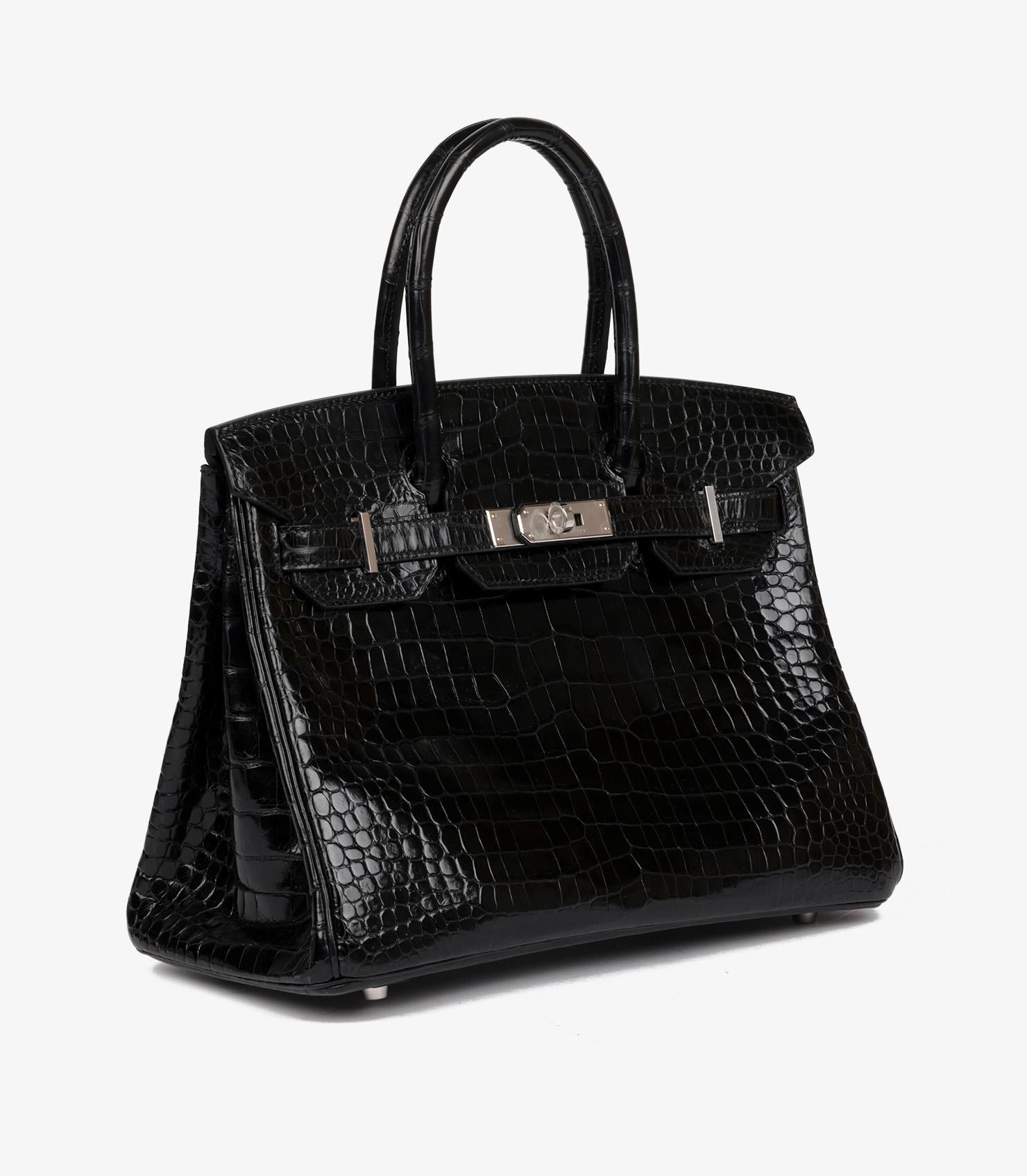 Hermès Black Shiny Porosus Crocodile Leather Birkin 30cm Retourne In Good Condition In Bishop's Stortford, Hertfordshire