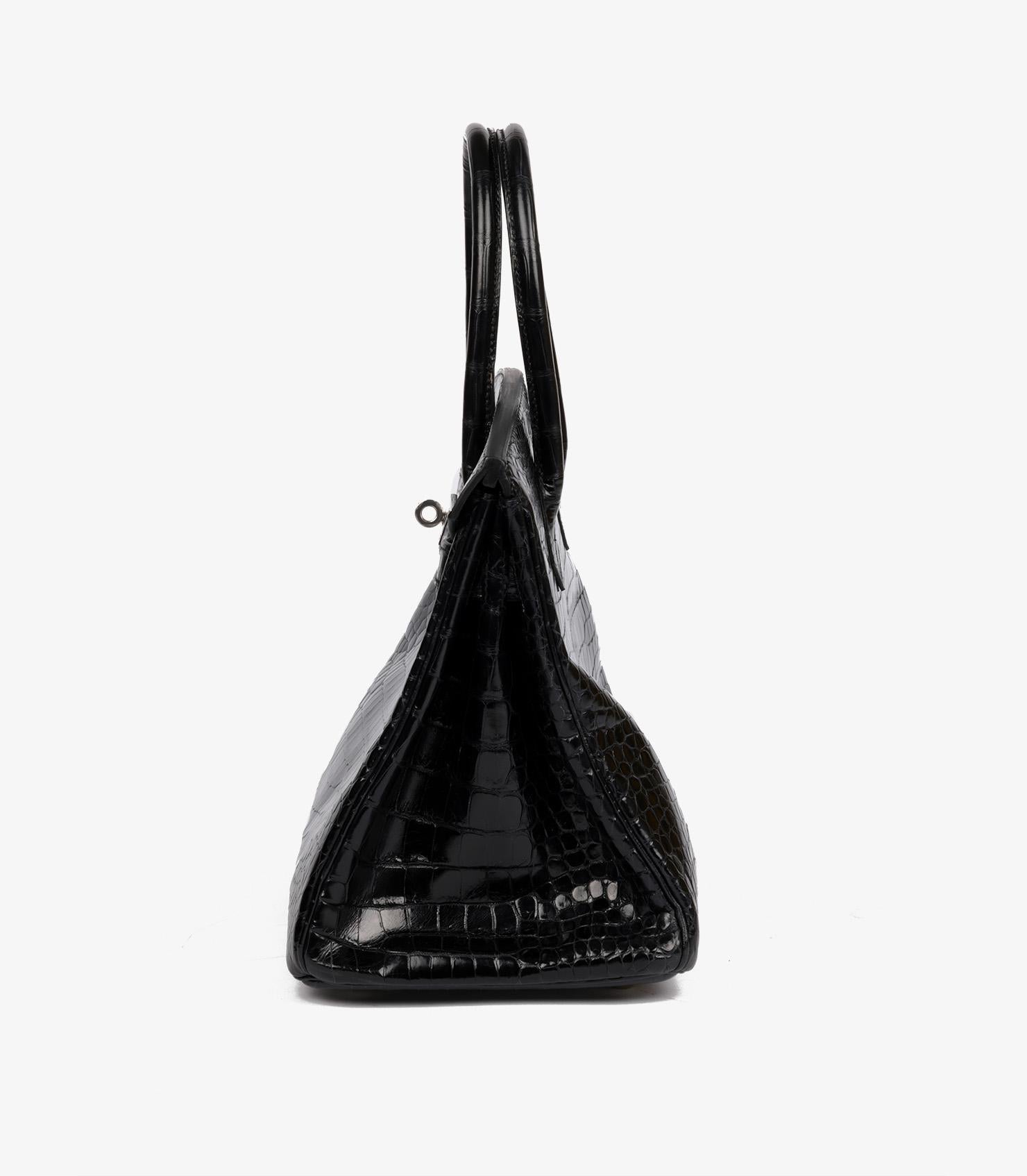 Women's or Men's Hermès Black Shiny Porosus Crocodile Leather Birkin 30cm Retourne