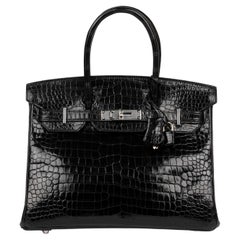 Used Hermès Black Shiny Porosus Crocodile Leather Birkin 30cm Retourne