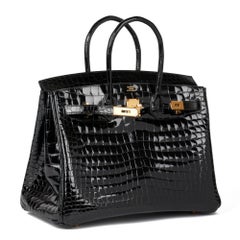 HERMÈS Black Shiny Porosus Crocodile Leather Birkin 35cm Retourne