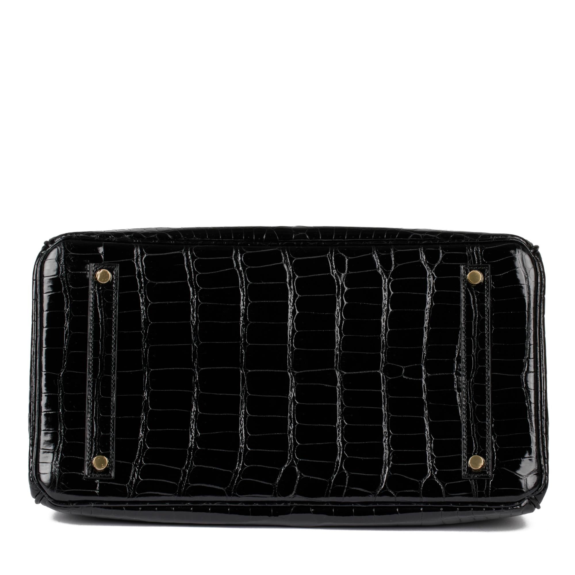 Women's HERMÈS Black Shiny Porosus Crocodile Leather Birkin 35cm Retourne For Sale