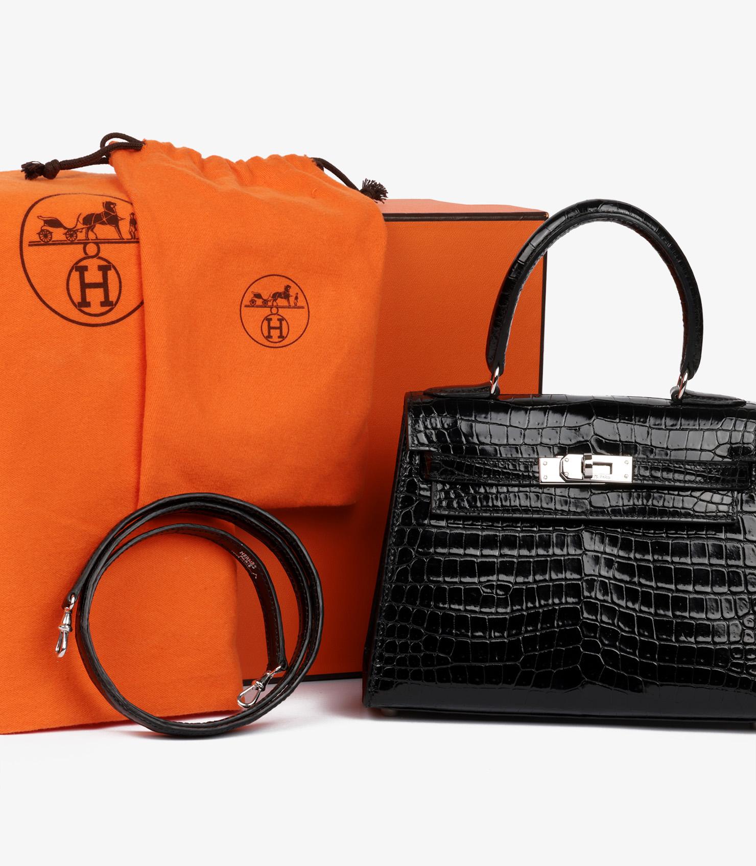 Hermès Vintage Kelly 20cm Sellier en cuir de crocodile Porosus noir brillant en vente 7