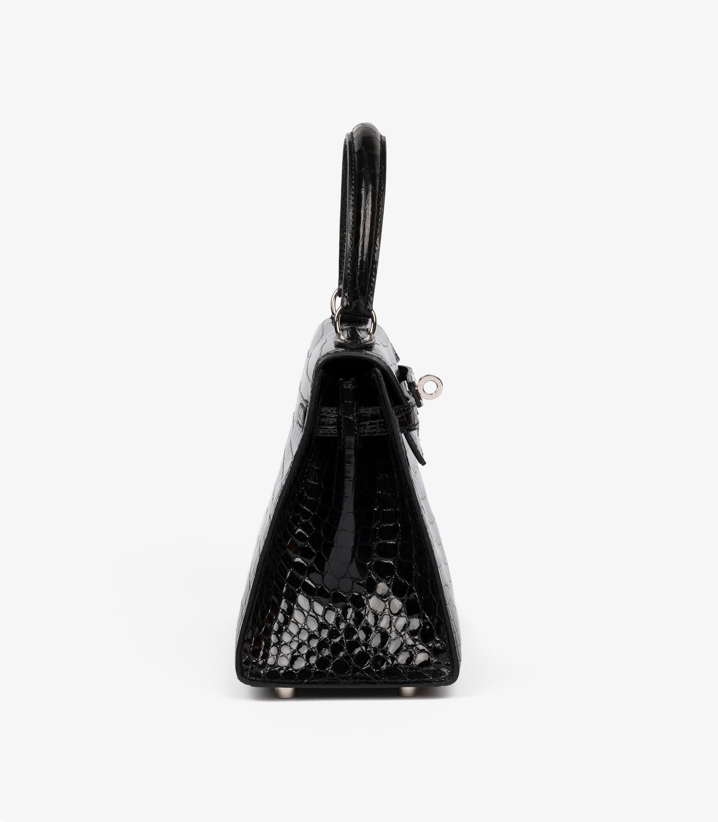 Women's Hermès Black Shiny Porosus Crocodile Leather Vintage Kelly 20cm Sellier For Sale