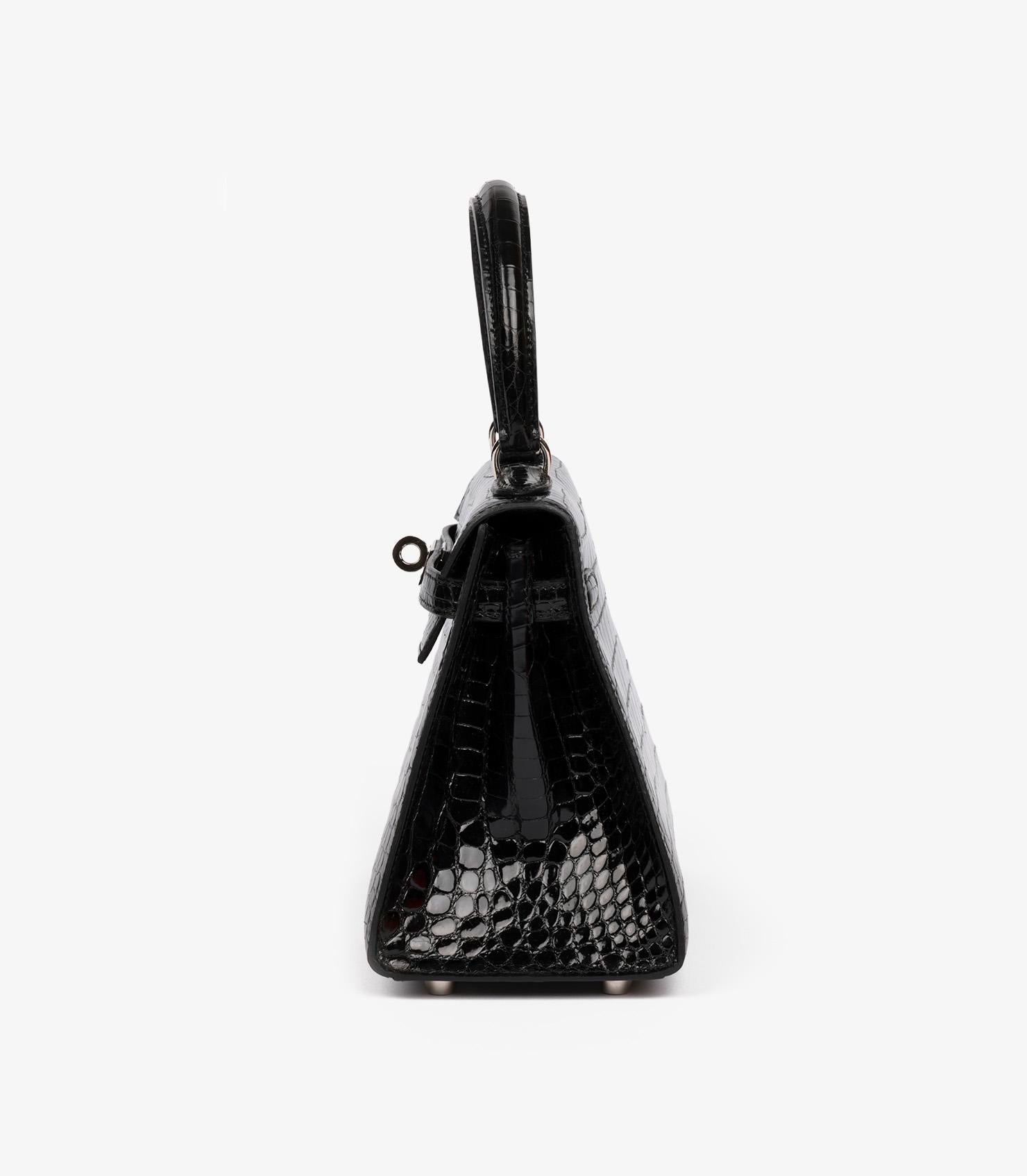 Hermès Vintage Kelly 20cm Sellier en cuir de crocodile Porosus noir brillant en vente 1